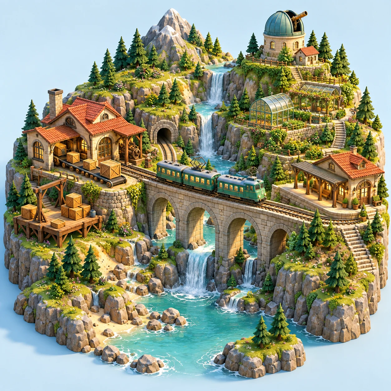 Concept illustration of a mountain railway connecting a workshop, greenhouse gardens, and an observatory across a waterfall valley